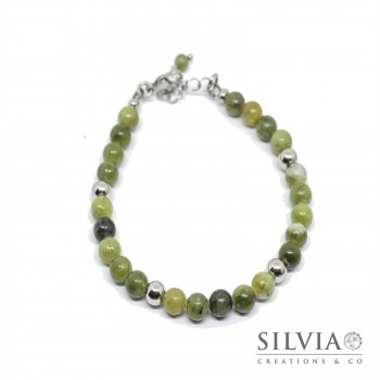 Bracciale uomo con perle di giada verde da 6 mm e chiusura a moschettone