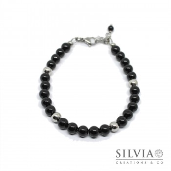 Bracciale uomo con perle di onice da 6 mm e chiusura a moschettone