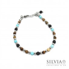 Bracciale uomo con perle da 4mm di pietra lavica occhio di tigre diaspro e turchese