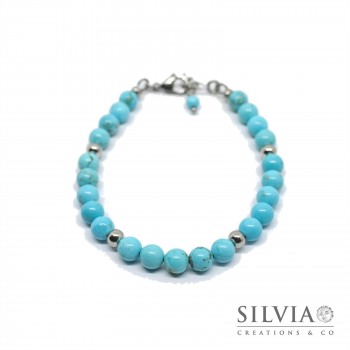 Bracciale uomo con perle di turchese da 6 mm e chiusura a moschettone