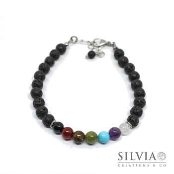 Bracciale uomo con pietre per i sette chakra e perle di pietra lavica da 6mm