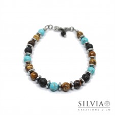 Bracciale uomo con perle da 6mm di pietra lavica occhio di tigre diaspro e turchese