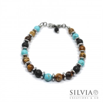 Bracciale uomo con perle da 6mm di pietra lavica occhio di tigre diaspro e turchese
