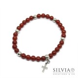 Bracciale uomo con perle di corniola da 6 mm e croce in acciaio