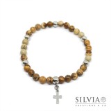 72ore Bracciale Uomo Con Croce E Perline In Pietra Lavica Vulcanica E Turchese, Gioiello Cristiano Regalo Religioso