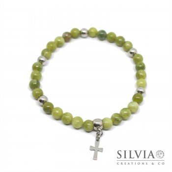 Bracciale uomo con perle di giada verde da 6mm e croce in acciaio