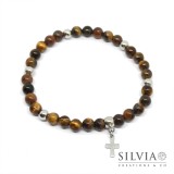 Bracciale uomo con perle di occhio di tigre da 6mm e croce in acciaio
