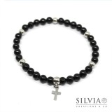 Bracciale uomo con perle di onice da 6mm e croce in acciaio