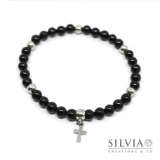 Bracciale uomo con perle di onice da 6mm e croce in acciaio
