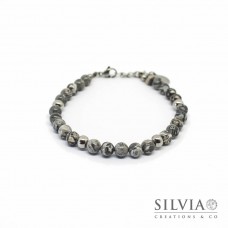Bracciale uomo con perle di diaspro picasso da 6 mm e chiusura a moschettone