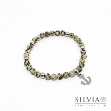Bracciale uomo con perle di diaspro dalmata da 6 mm e ancora in acciaio