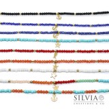 Cavigliera con corallini o cristalli colorati da 4mm e ciondolino in acciaio dorato