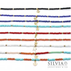 Cavigliera con corallini o cristalli colorati da 4mm e ciondolino in acciaio dorato