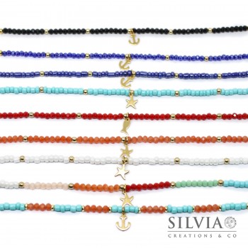 Cavigliera con corallini o cristalli colorati da 4mm e ciondolino in acciaio dorato