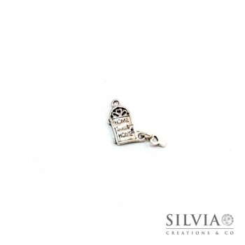 Charm a forma di porta con scritta argento antico in zama 18x13 mm