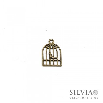 Charm a forma di gabbietta con uccellino bronzo in zama 19x12 mm