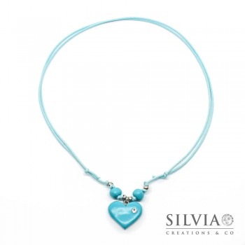 Collana cordino cerato con cuore azzurro 