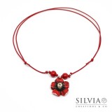 Collana cordino cerato con fiore rosso 