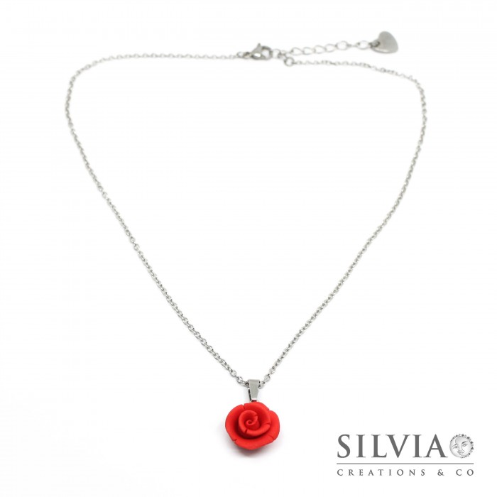 Collana girocollo in acciaio con rosa rossa - silviacreationsandco