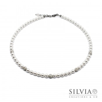 Collana girocollo con perle Swarovski bianche da 6 mm e perle pavè