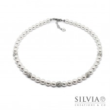 Collana girocollo con perle Swarovski bianche da 8 mm e perle pavè