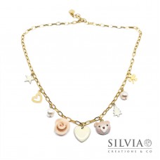 Collana girocollo catena acciaio dorata con muso di orsetto e charms natalizi