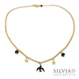 Collana girocollo con ciondolo rondine nera stelle e cristalli