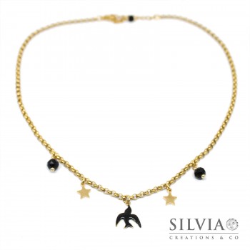 Collana girocollo con ciondolo rondine nera stelle e cristalli