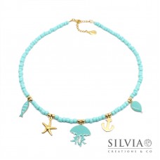 Collana girocollo corallini azzurro turchese medusa e charms mare oro e azzurri