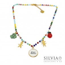 Collana acciaio dorato cristallini colorati ciondolo grazie maestra e charms