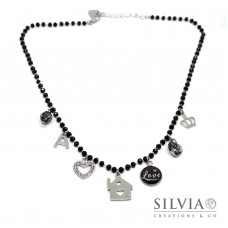 Collana girocollo cristalli neri ciondolo Love e charms San Valentino