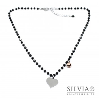 Collana girocollo catena acciaio con cristalli neri cuore e campanellino