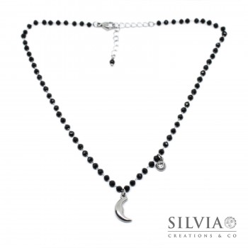 Collana girocollo catena acciaio con cristalli neri luna bombata e cristallino
