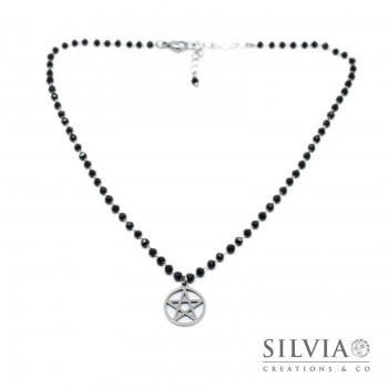 Collana girocollo catena acciaio con cristalli neri e ciondolo pentacolo