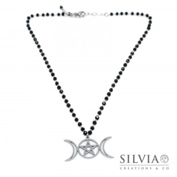 Collana girocollo catena acciaio con cristalli neri ciondolo pentacolo e lune