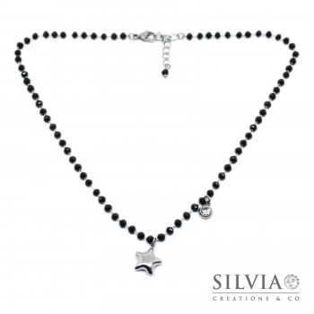 Collana girocollo catena acciaio con cristalli neri stella bombata e cristallino