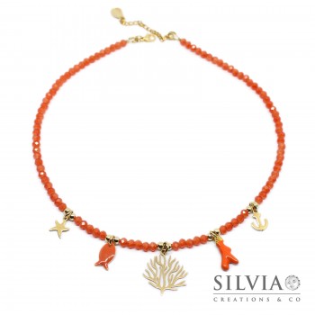 Collana girocollo cristallini arancio rametto di corallo oro e charms mare