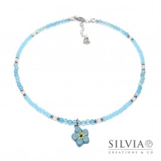 Collana girocollo perle di agata azzurra cristallini e fiore non ti scordar di me Collana girocollo perle di agata azzurra cristallini e fiore non ti scordar di me
