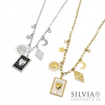 Collana girocollo talismano in acciaio con cuore astri sole luna e stelle