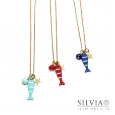 Collana girocollo catena acciaio dorato pesce smaltato