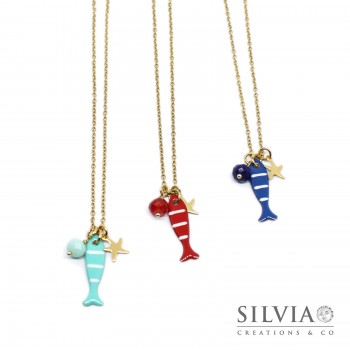 Collana girocollo catena acciaio dorato pesce smaltato