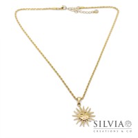 Collana catena effetto corda in acciaio dorato con ciondolo sole