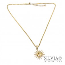 Collana catena effetto corda in acciaio dorato con ciondolo sole