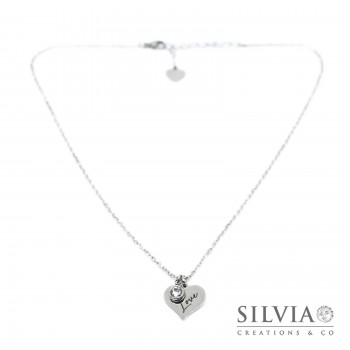 Collana girocollo con ciondolo cuore incisione Love e cristallo bianco