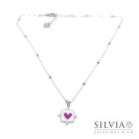 Collana girocollo ciondolo quadrato cuore fucsia petalo di peonia