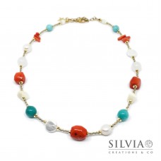 Collana girocollo Sandra con perle turchese e corallo