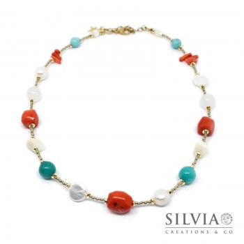 Collana girocollo Sandra con perle turchese e corallo