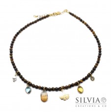 Collana girocollo donna con perle di occhio di tigre ciondolo ginkgo biloba e charms Collana girocollo donna con perle di occhio di tigre ciondolo ginkgo biloba e charms