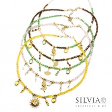 Collana girocollo cristallini gialli rosa verdi o marroni charms acciaio dorato Collana girocollo cristallini gialli rosa verdi o marroni charms acciaio dorato
