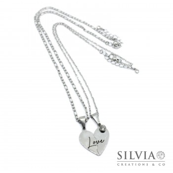 Due collane con ciondolo cuore incisione Love e cristallo per innamorati